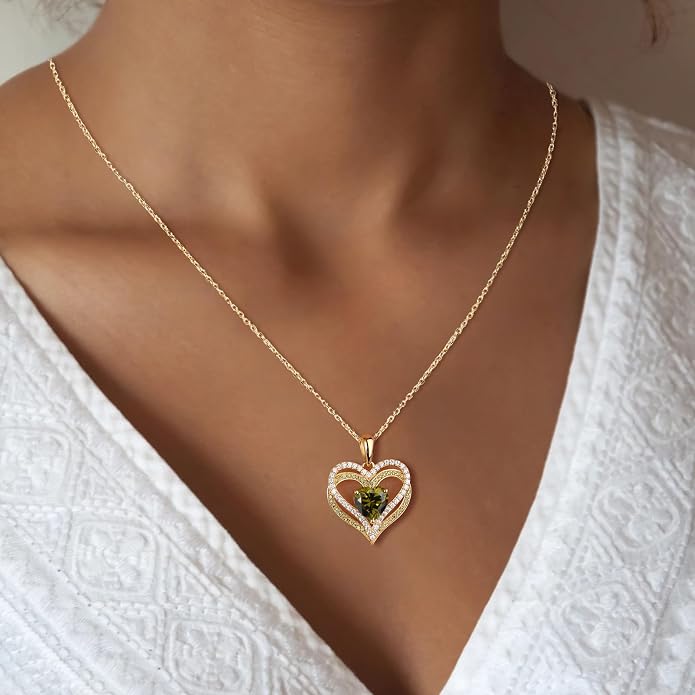 Anniversary Charm Necklace, Sterling Silver 14K Gold Plated Chain with Interlocking Heart Pendant Elegant Birthstone Necklaces for Women, Length 18"