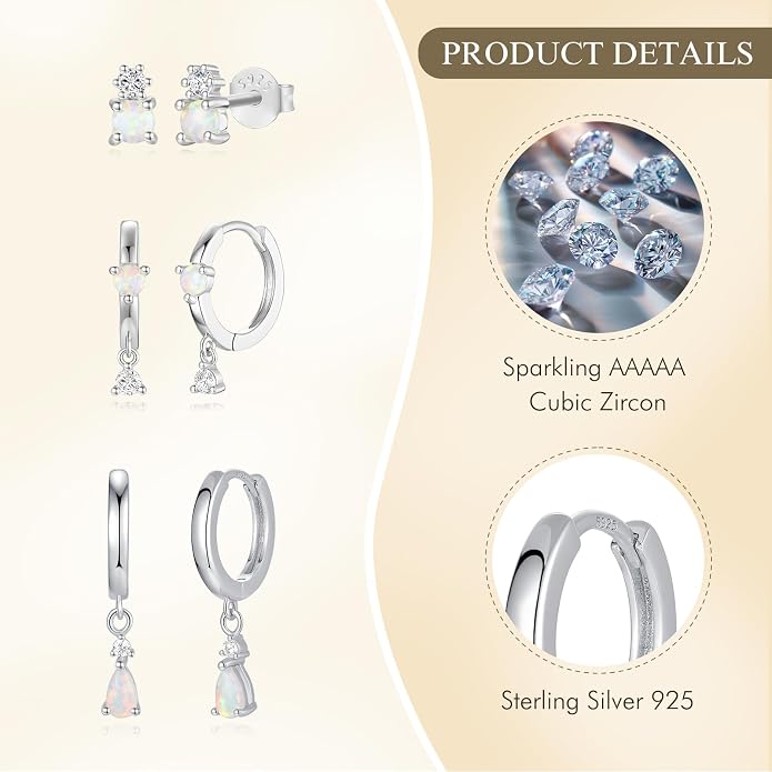 Angelady Opal Earrings Set for Women, Hypoallergenic S925 Sun Stud Earring for Sensitive Ears, Dainty Hoop Huggie Silver Opal Dangle Earring Stacks, Blue Earrings for Women Trendy 2025