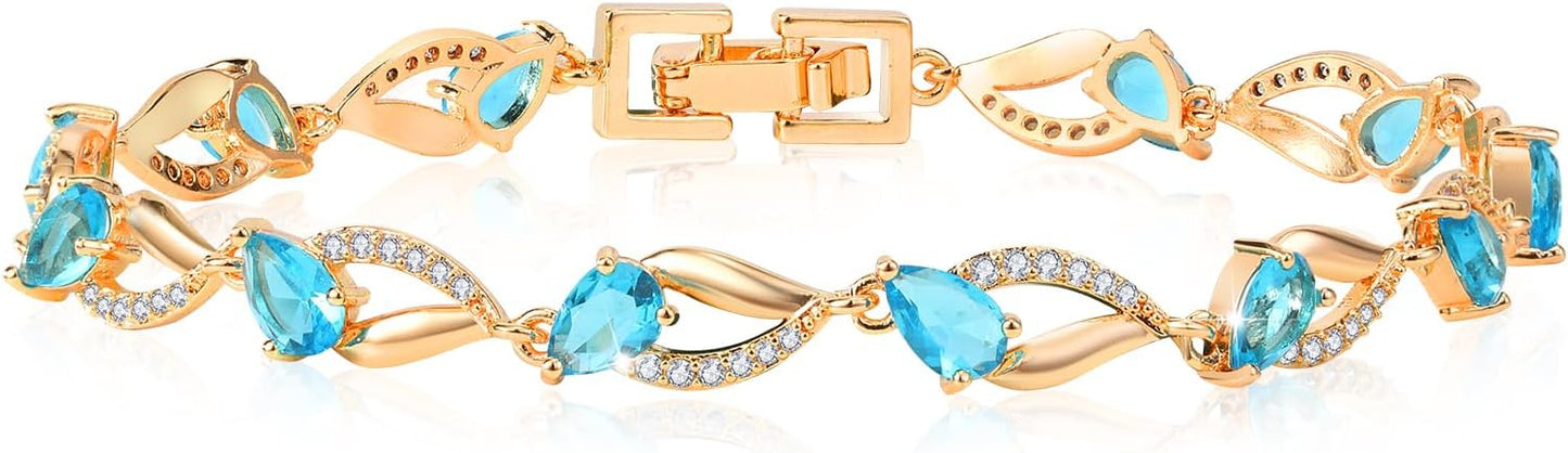 Richapex Diamond Tennis Bracelet for Women, Eternity Bracelet Blue Cubic Zirconia, Sapphire Bracelet, 18K Gold Plated Hypoallergenic Bracelets -7.48inch/190mm