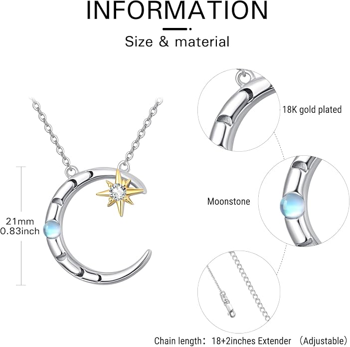 Palpitate Moon Star Necklace Moon Phase Necklace Pendant 925 Sterling Silver Jewelry Christmas Gifts for Women Wife Her Adjustable Chain