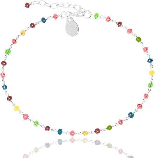 Dainty Gemstone Anklet for Women – 10 Inch Adjustable Anklet with 1 Inch Extender, Gold or Silver Plated Foot Jewelry, Minimalist Boho Style Gift