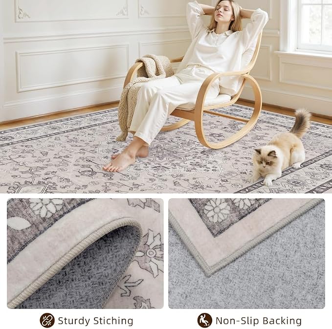 8x10 Area Rugs for Living Room: Vintage Boho Neutral Washable Rug Indoor Soft Large Area Rug Carpet for Bedroom Nursery Farmhouse Dining Room Office Floor Non-Slip Low Pile Under Table Beige & Grey