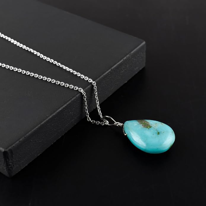 Gifts For Men Turquoise Jewelry Gemstone Pear Dainty Pendant Necklace Women for Her, Crystals, Birthstone, Healing Stones, Rhodium Plating 925 Sterling Silver 18 inch