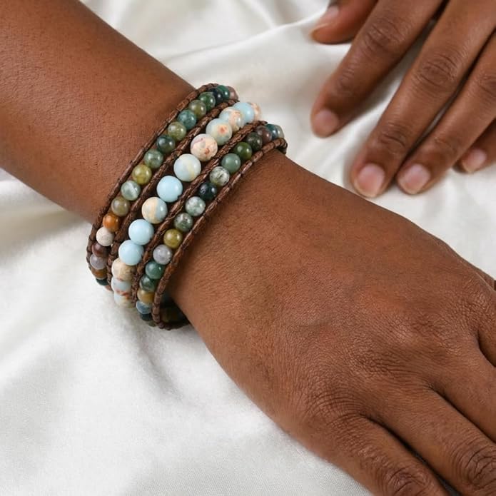 YGLINE Boho Handmade Natural Stone Bead 3 Row Wide Wrap Wrist Statment Bracelet Jewelry Collection