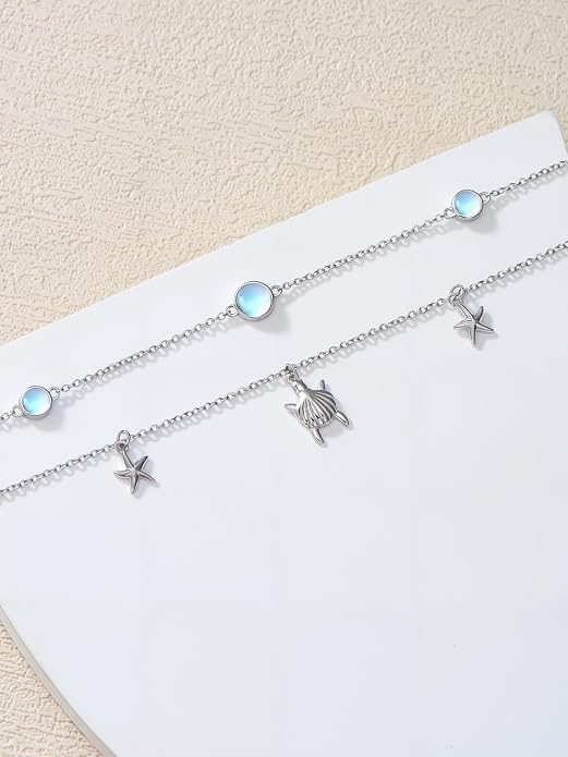 Wave/Dolphin Bracelet/Sea Turtles Anklet 925 Sterling Silver Adjustable Moonstone Bracelet/Anklet Summer Ocean Jewelry Gifts for Women