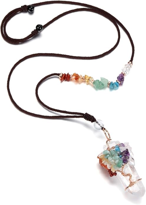 Jovivi 7 Chakra Gemstone Wire Wrapped Natural Clear Quartz Healing Crystal Point Pendant Necklace for Women Mother's Day Gift