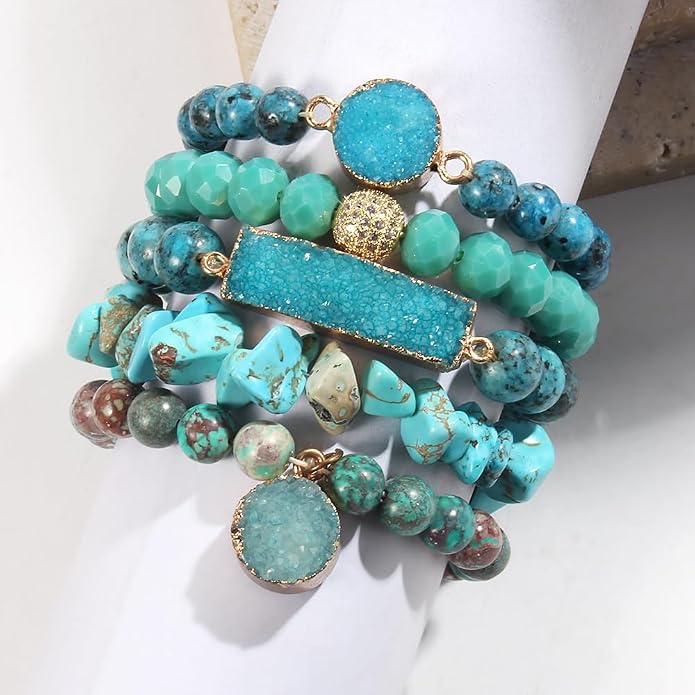 Yomisa 5PCS 6PCS Natural Boho Beaded Bracelets/Bangle for Women Men,Healing Turquoise Jasper Agate Crystal Gemstone Stone Chakra Multilayer Wrap Bohemian Handmade Jewelry Beads Stretch Bracelet Set