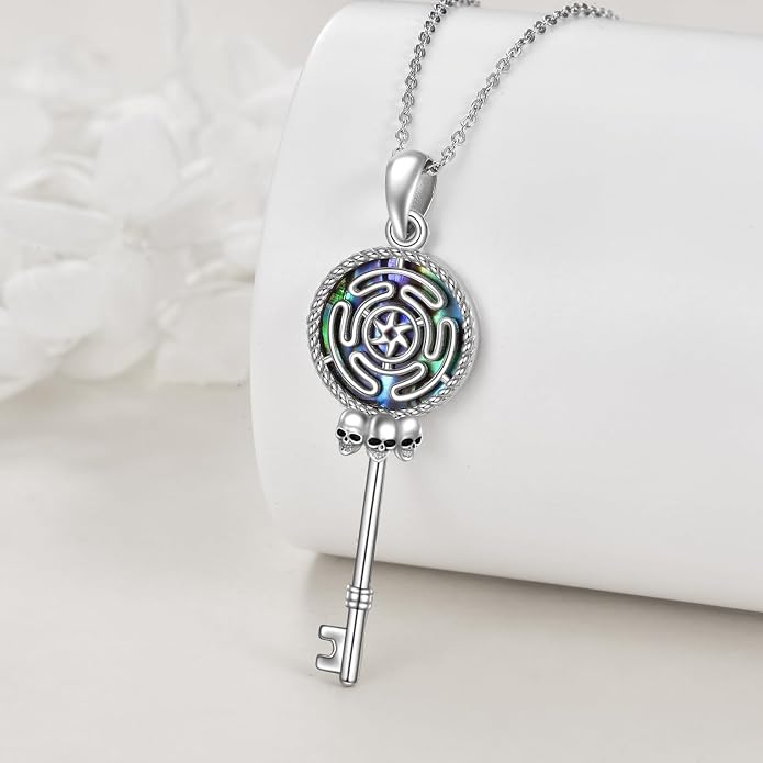 YFN Triple Moon Goddess Necklace Sterling Silver Pentagram Pentacle Opal Pendant necklace Pagan Wiccan Magic Amulet Tree of Life Jewelry for Women Men 18"