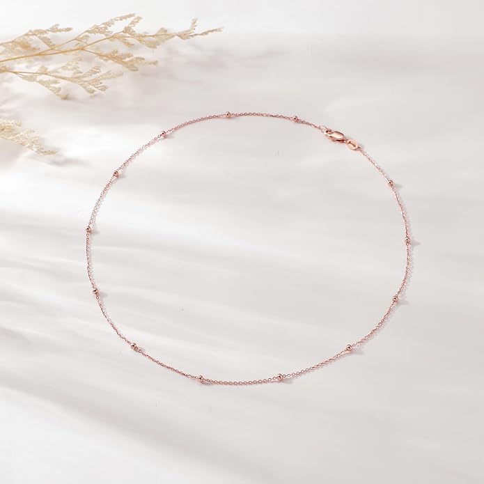 Carffordo 925 Sterling Silver Chain Necklace 16K Gold Plated Beaded Chain Necklace for Women Simple Dainty Choker Necklace Satellite Waterproof Link Necklace Trendy Jewelry Gifts