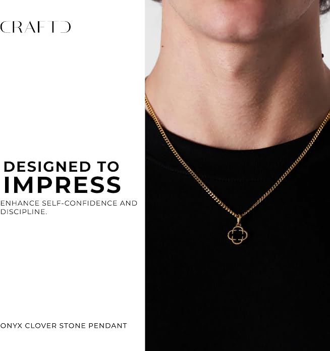 CRAFTD - Black Onyx Clover Stone Pendant Necklace - A Symbol of Luck - 20.5" (2mm) Cuban Link Chain - Mens Jewlery - Hypoallergenic - Waterproof, Heat & Sweat Resistant