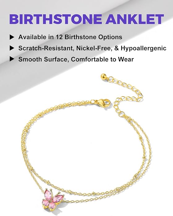 Richsteel Double Layer Heart/Butterfly Birthstone Anklet for Women Non Tarnish Waterproof, Silver/Gold/Black Stainless Steel 8.5-10.5 Inch Adjustable Chain Anklets Jewelry Gifts for Her