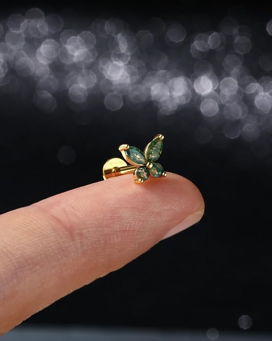 Jewseen Celtic knot&Butterfly Moss Agate Stud Earrings Dangle Internal Threaded Flat Back 16g 8mm Hypoallergenic 925 Sterling Silver Piercing Jewelry for Cartilage Lip Conch Tragus Helix