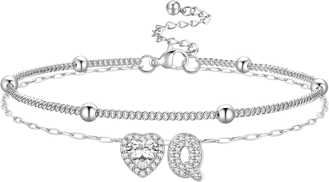 Bestyle Initial Anklet Bracelets for Women Waterproof Non Tarnish 14K Gold/White Gold Plated CZ Anklets for Women Dainty Layered Letter Heart Ankle Bracelets Adjustable Foot Chain Anklet