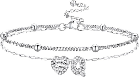 Bestyle Initial Anklet Bracelets for Women Waterproof Non Tarnish 14K Gold/White Gold Plated CZ Anklets for Women Dainty Layered Letter Heart Ankle Bracelets Adjustable Foot Chain Anklet