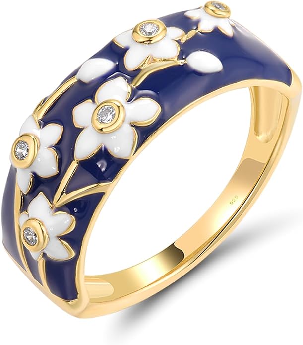 Santuzza 925 Sterling Silver Enamel Flower Pattern Ring for Women
