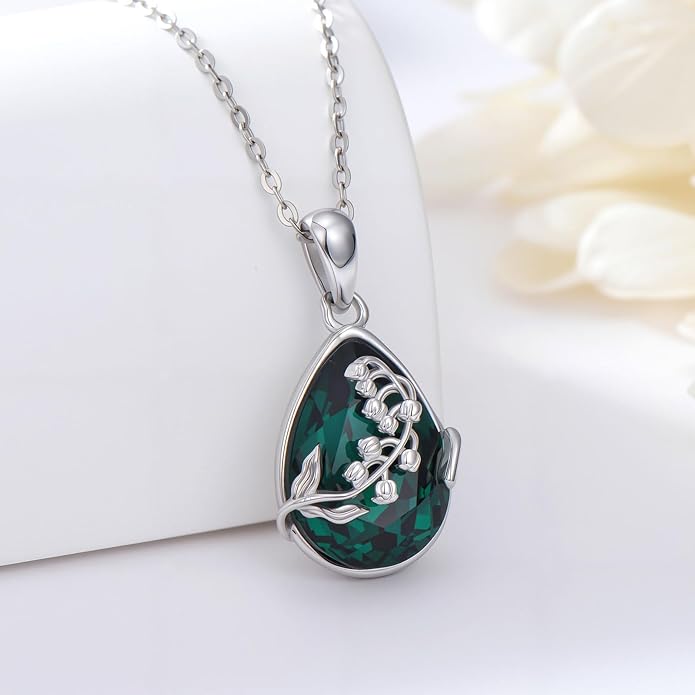 925 Sterling Silver Birth Flower Necklace with Teardrop Shaped Birthstone - 12 Colors, 12 Kinds of Flower - Ideal Birthday Jewelry Gift for Women, Mothers, Daughters & Wives