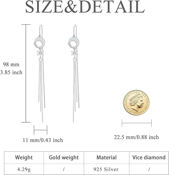 VONALA Moon Star Threader Earrings Sterling Silver Long Earrings for Women Hypoallergenic Tassel Chain Earrings for Teen Girls