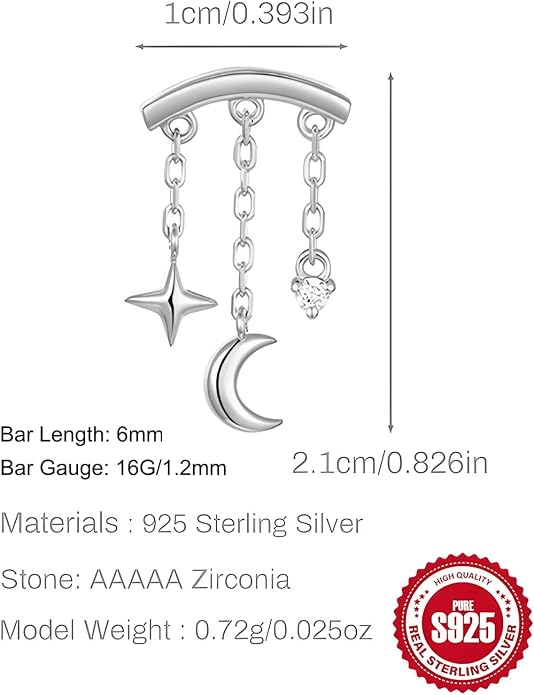 Sterling Silver 925 Flat Back Earring for Women Hidden Helix Piercing Jewelry 16G Star Moon Dangle Cartilage Internally Threaded Tragus Conch Stud Screw Cubic Zirconia Ear Ring