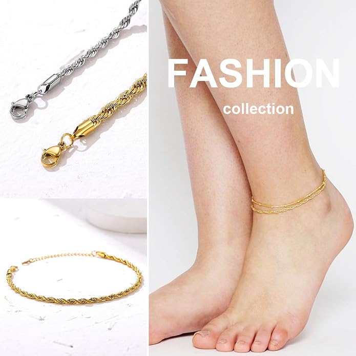 GoldChic Adjustbale Link Chain Anklet for Women Summer Jewelry, 316L Stainless Steel Figaro/Wheat/Twist Rope/Cuban Foot Bracelet-Waterproof, Resizable 9"-12" (Gift Box Included)