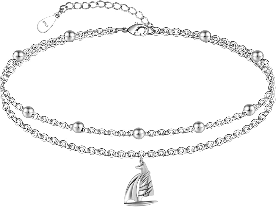 CHIC & ARTSY 925 Sterling Silver Ankle Bracelets for Women, Adjustable Layered Foot Chains with Nature & Symbol Charms, Lightweight Comfort Fit Boho Beach Everyday Jewelry