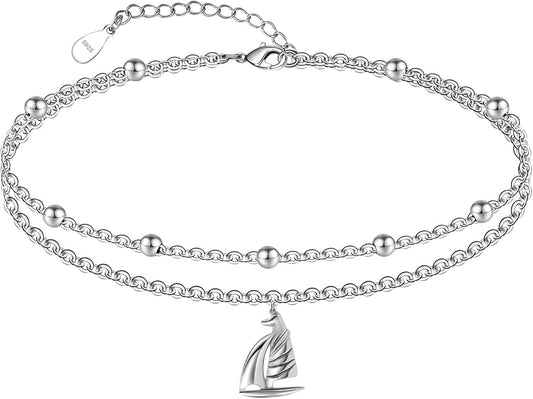 CHIC & ARTSY 925 Sterling Silver Ankle Bracelets for Women, Adjustable Layered Foot Chains with Nature & Symbol Charms, Lightweight Comfort Fit Boho Beach Everyday Jewelry
