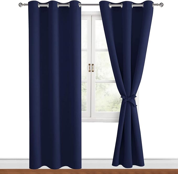 Hiasan Blackout Curtains for Bedroom, 42 x 84 Inches Long - Thermal Insulated & Light Blocking Window Curtains for Living Room, 2 Drape Panels Sewn with Tiebacks, Navy Blue