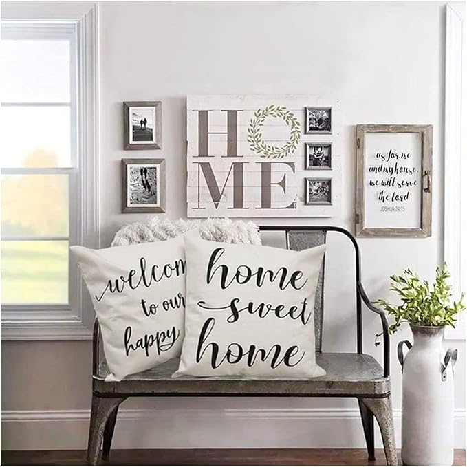 Farmhouse Pillow Covers Family Throw Pillow Case Our Happy Place Home This is Us Quote Cushion Cover for Couch Sofa Cotton Linen 18x18 Set of 4 Housewarming Gifts