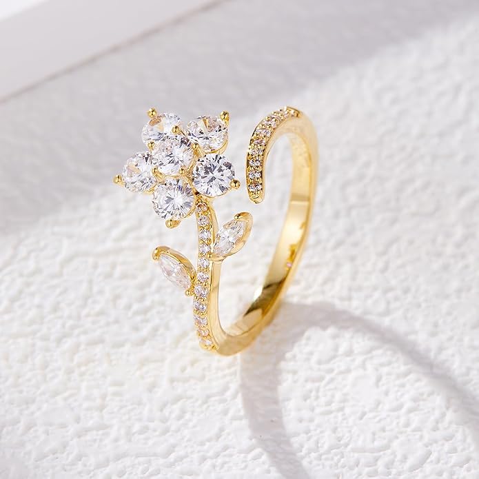 Kokoma Rotating Flower Wrap Finger Ring Spinner Ring for Women Sparkling Crystal CZ Floral Open Statement Ring Fidget Anxiety Ring Eternity Promise Rings Band