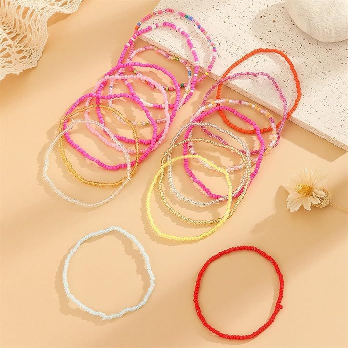 Fuqimanman2020 18Pcs Boho Stackable Beaded Bracelets for Women Colorful Handmade Multilayered Rice Beads Anklets Set Summer Beach Bohemian Jewelry Gift