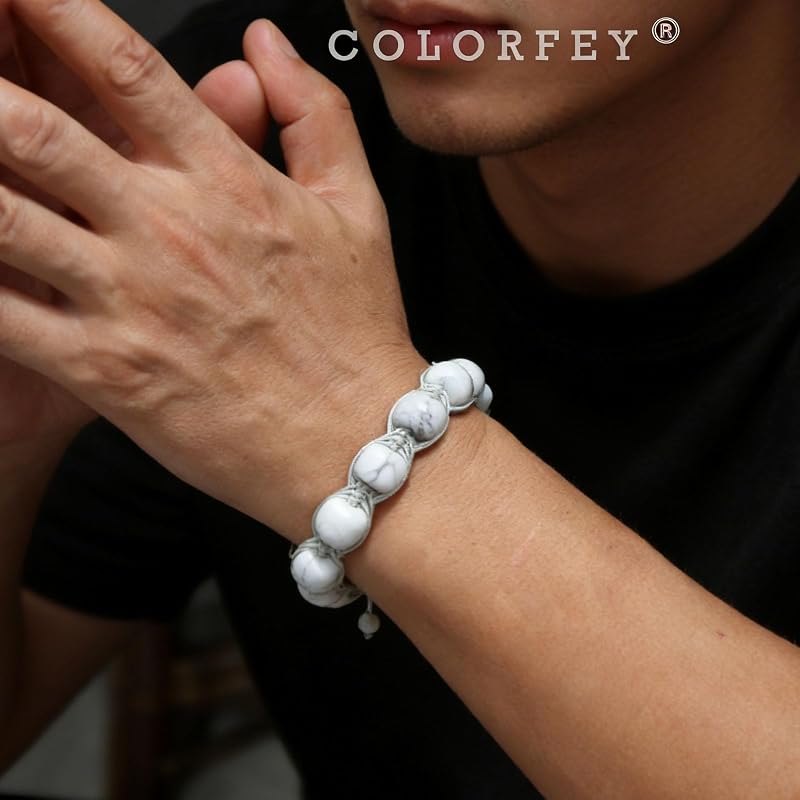 Protection Crystal Howlite Bracelet for Men, Authentic Mens Bracelet Beads Energy Howlite Stone Bracelets White Handmade Beaded Jewelry, Masculine Drawstring Bracelets Chirstmas Gift for Him
