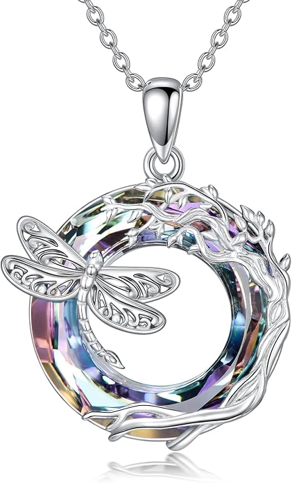 Dragonfly Necklace 925 Sterling Silver Dragonfly/Sunflower Bee Pendant Necklace Dragonfly with Blue Circle Crystal Dragonfly Jewelry Gifts as Holiday Christmas Gifts for Women