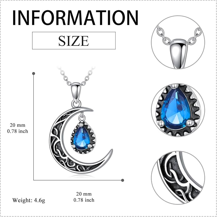 VONALA Crescent Moon Necklace Sterling Silver Emerald/Red/Purple/Black/Rainbow Topaz/Green/Aquamarine/Blue/Moss Agate Celtic Moon Teardrop Necklace Celtic Jewelry Gifts for Women Birthday