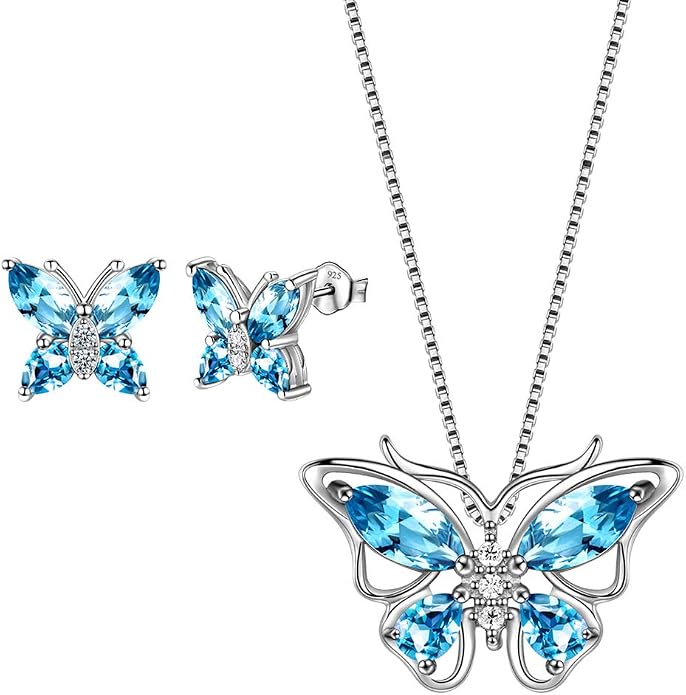Aurora Tears Butterfly Jewelry,Women 925 Sterling Silver Butterflies Birthstone Pendant Necklace/Earrings/Rings Wedding Gift