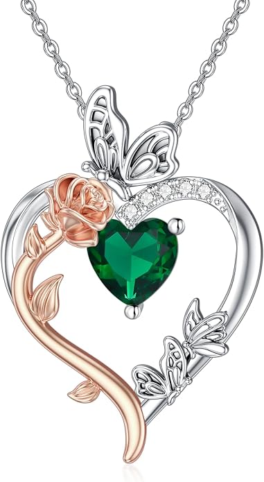 TOUPOP Rose Heart Birthstone Necklace 925 Sterling Silver Heart Butterfly Pendant Love Jewelry Birthday Gifts for Women Wife Mom Her