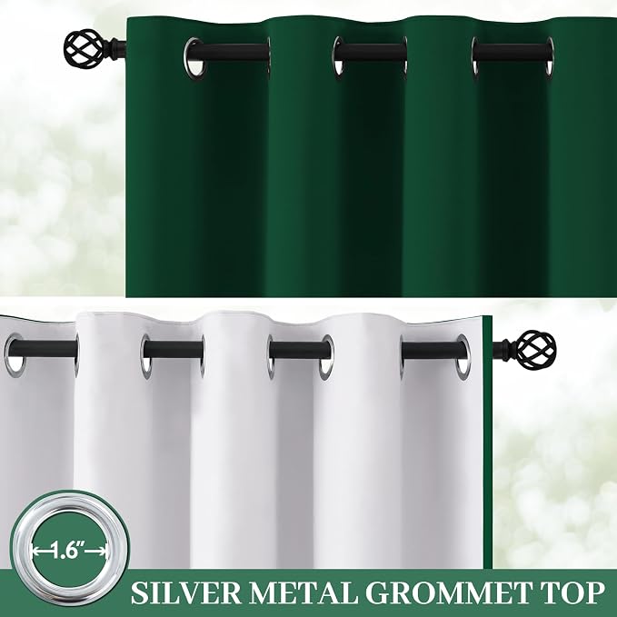 Yakamok Dark Green 100% Blackout Curtains 63 Inches Long 50" Wide 2 Panels | Blackout Curtain Panels for Bedroom, 2 Thick Layers Grommet Top Thermal Insulated Drapes with White Back for Living Room