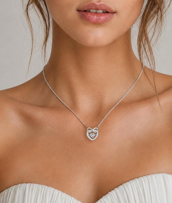 Trendy Dainty Infinity Birthstone Necklace, Dancing Heart 18K White Gold Plated 925 Sterling Silver Heart Necklace, Romantic Love Jewelry Graduation Gifts for Women Her