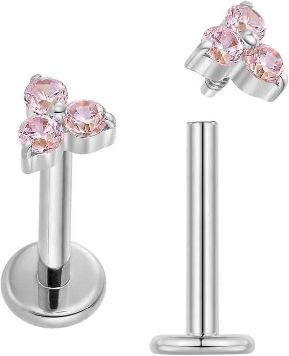 2PCS Titanium Internally Threaded Gem Labret | 16G Flat Back CZ Crystal Stud Earrings | Tragus Helix Cartilage Conch Lip Monroe | Implant Grade Body Piercing Jewelry
