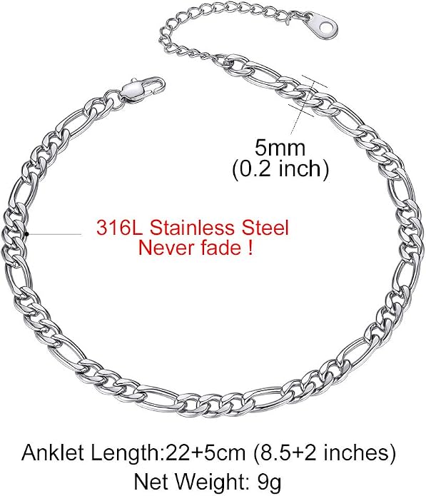 GoldChic Adjustbale Link Chain Anklet for Women Summer Jewelry, 316L Stainless Steel Figaro/Wheat/Twist Rope/Cuban Foot Bracelet-Waterproof, Resizable 9"-12" (Gift Box Included)