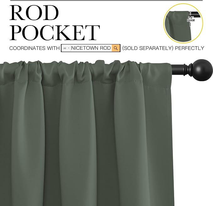 NICETOWN Bedroom Curtains Blackout Draperies - All Season Thermal Insulated Solid Rod Pocket Top Blackout Curtains/Drapes for Kid's Room (Dark Mallard, 1 Pair, 34 x 45 Inch)