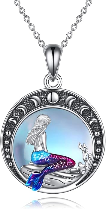 LUHE Mermaid Necklace Jewelry Gifts Sterling Silver Sea Mermaid Crescent Moon and Star Necklace with Flower Pendant Birthday Gifts for Daughter Women