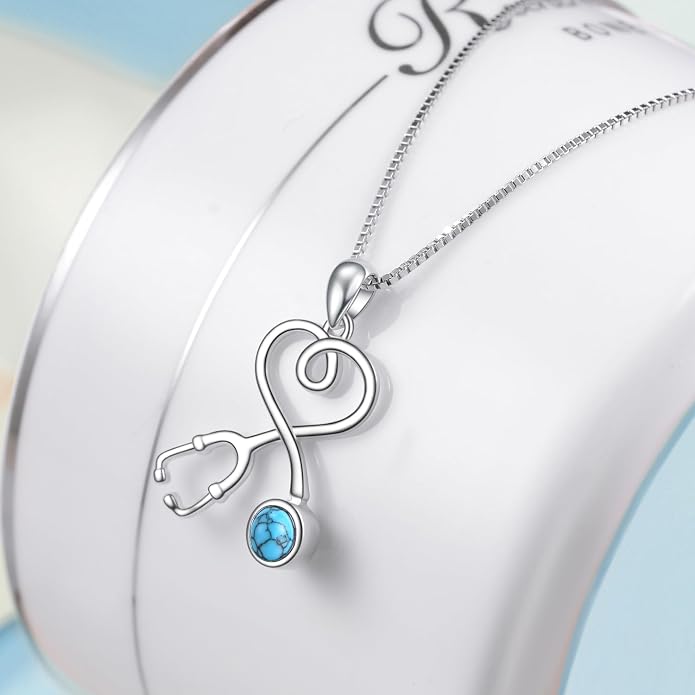 AOBOCO Stethoscope Necklace 925 Sterling Silver Embellished with 12 Months Birthstone Crystals from Austria, Graduation Gifts Medical Jewelry for Doctor Nurse Medical Student RN