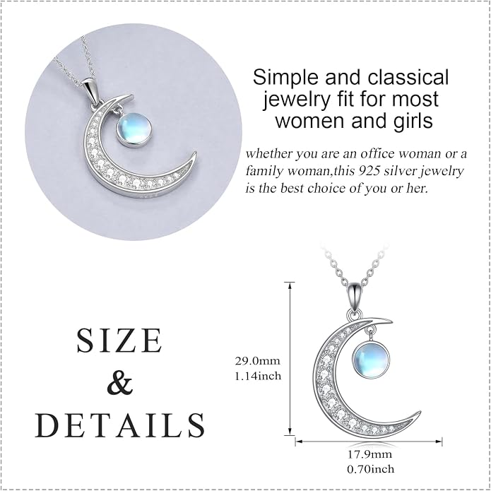 YAFEINI Moonstone Moon Necklace Sterling Silver Crescent Moon Pendant Necklace Jewelry Gifts for Women Teen Girls