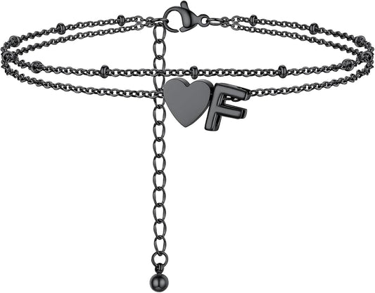 Initial Ankle Bracelets for Women, Dainty Stainless Steel Letter A-Z Layered Anklets, Heart Ankle Bracelet 8.5"-10.5" Adjustable, Summer Beach Jewelry, Come with Box