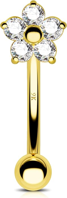 Jewseen ULTIMATE COLLECTION—9K Solid Real Gold Shiny Zircon Floral Design Belly Button Ring Eyebrow Rook Stud 16G 8mm Fine Piercing Jewelry