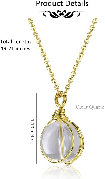 Jovivi Healing Crystal Stone Pendant Necklace Gold Wire Wrapped 16mm Natural Round Gemstone Ball Crystal Necklace for Women Men Reiki Quartz Jewelry