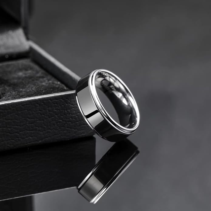 King Will 8mm Black Silver Mens Polished Tungsten Wedding Rings High Polish Surface Wedding Band Blue Silver Step Edge Comfort Fit