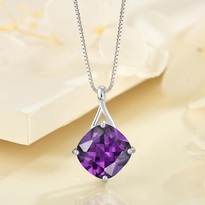 Square Cut Birthstone Necklace for Women Hypoallerg 925 Sterling Silver Cubic Zirconia Necklace Simple Jewelry for Her
