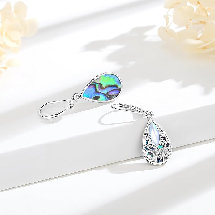 Vito 925 Sterling Silver Teardrop Earrings for Women, Moonstone Turquoise Drop Dangle Earrings Cat Snake Turtle Tree of Life Leverback Earrings Boho Jewelry Gift for Mom Wife