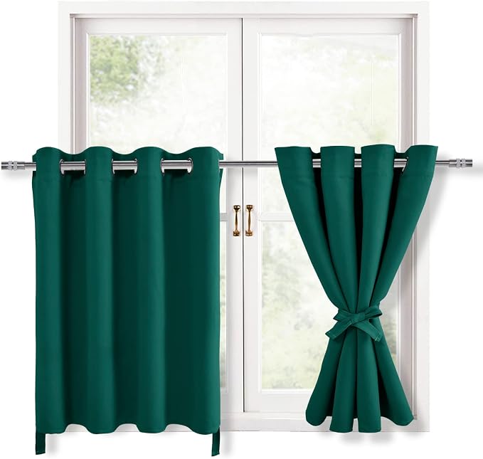 Hiasan RV Blackout Curtains for Bedroom, 52 x 30 Inches Long - Thermal Insulated & Energy Saving Window Curtains for Living Room, 2 Drape Panels Sewn with Tiebacks, Hunter Green