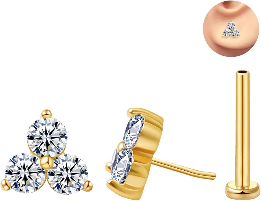 FANSING Cartilage Earring Tragus Stud Trio CZ Stone Flat Back Earring for Helix Conch Threadless Push Pin Labret Stud